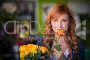 Portrait of female florist holding bunch of flowers