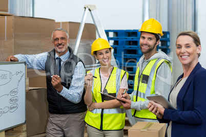 Portrait of warehouse manager and worker standing together