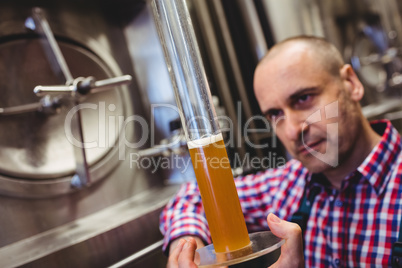 Owner inspecting beer in glass tube
