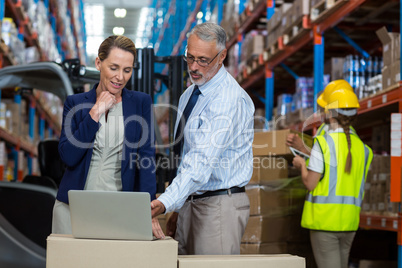 Portrait of warehouse manager and client interacting over laptop