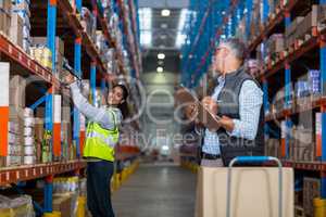 Warehouse manager and female worker interacting while working