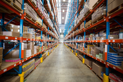 Boxes kept on shelves in the warehouse