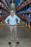 Warehouse manager standing with hands on hip