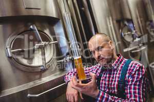 Manufacturer inspecting beer in glass tube