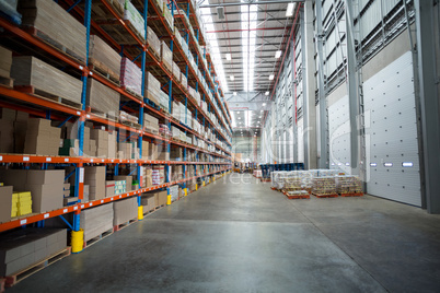 Boxes kept on shelves in the warehouse