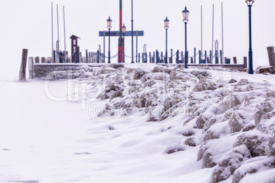 Snowy winter day from a harbor in Hungary (Balatongyorok)
