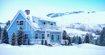 Composite image of snow covered house with trees
