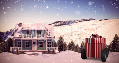 Composite image of striped red and white gift box on wheels