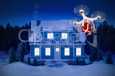 Composite image of digitally generated image of quadcopter with red gift box