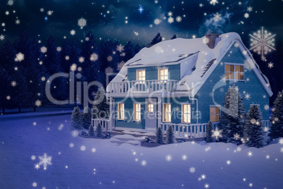 Composite image of illuminated turquoise house covered in snow