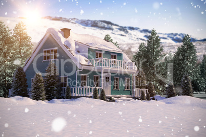 Composite image of snow covered house with trees