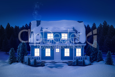 Composite image of illuminated house covered in snow