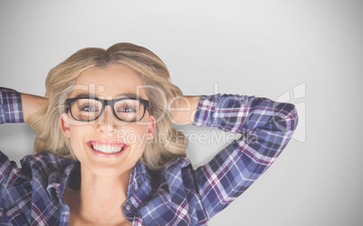 Composite image of portrait of gorgeous smiling blonde hipster lying