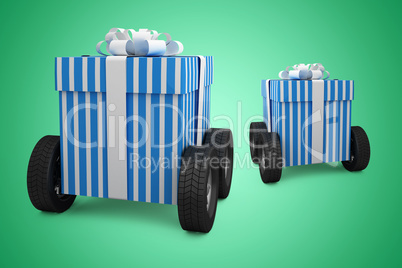 Composite image of blue and white striped gift box on wheels