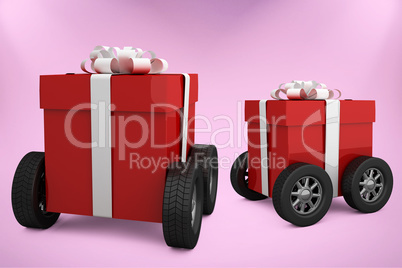 Composite image of red gift box on wheels