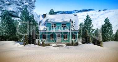 Composite image of three dimensional house snow covered