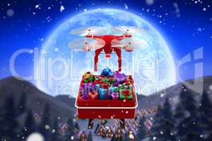 Composite image of digitally generated image of  flying drone pulling chirstmas sledge