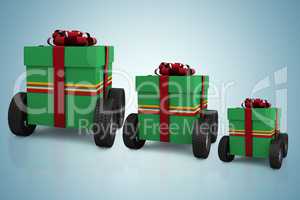 Composite image of green gift box with wheels