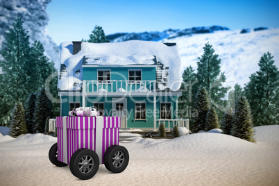 Composite image of gift on wheels