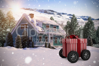 Composite image of striped white and red gift box with wheels