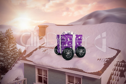 Composite image of purple wrapped with polka dot gift box on wheels