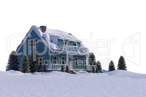 Snow covered house with trees