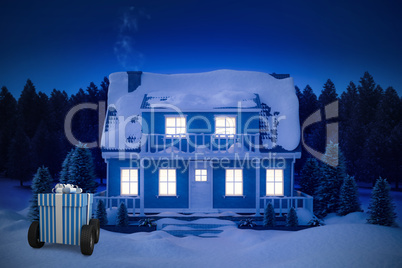 Composite image of blue and white striped gift box on wheels