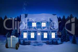 Composite image of blue and white striped gift box on wheels