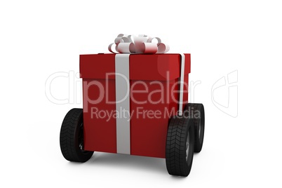 Red gift box on wheels