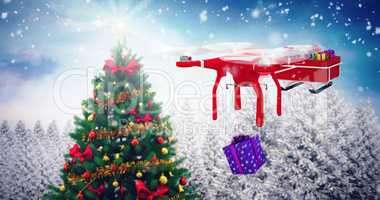 Composite image of flying drone pulling chirstmas sledge