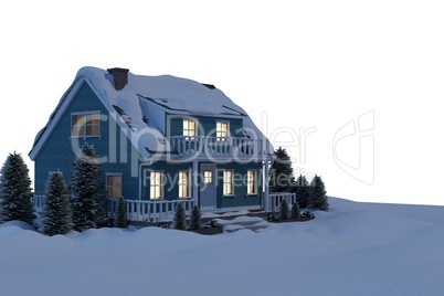 Illuminated turquoise house covered in snow