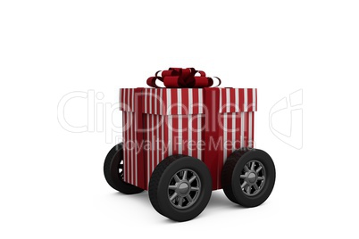 Striped white and red gift box with wheels