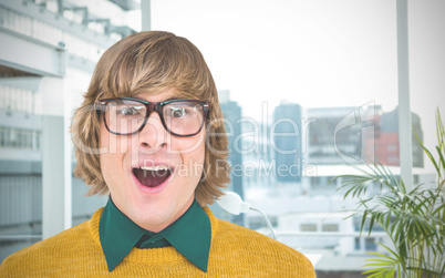 Composite image of portrait of surprised hipster businessman