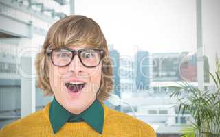 Composite image of portrait of surprised hipster businessman