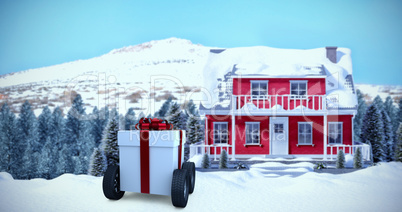 Composite image of gray gift box with wheels