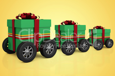 Composite image of green gift box with red ribbon on wheels