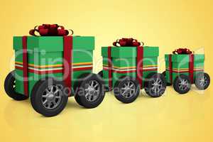 Composite image of green gift box with red ribbon on wheels