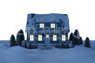 Illuminated house covered in snow