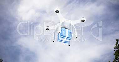 Composite image of digital composite image of quadcopter with blue and white striped gift box