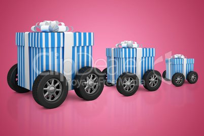 Composite image of digitally generated image of gift box with wheels