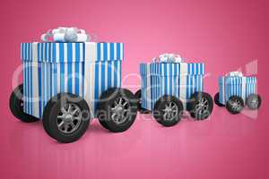 Composite image of digitally generated image of gift box with wheels