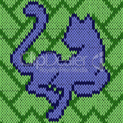 Knitting seamless pattern with blue cat over green