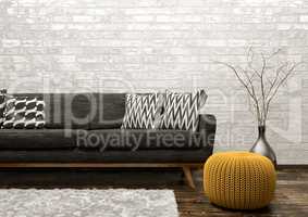 Interior of living room with sofa and pouf 3d rendering