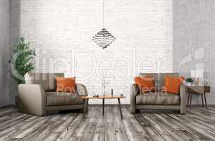 Interior with two armchairs, coffee table 3d rendering