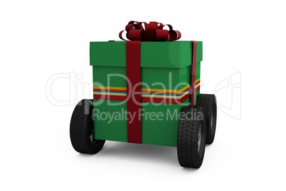 Green gift box with wheels