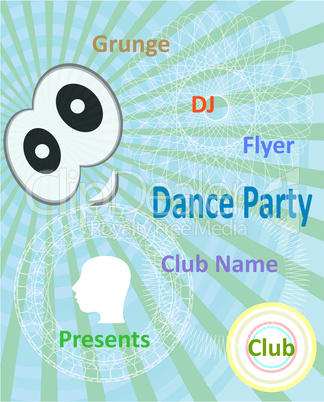Vertical blue music party background with graphic elements and text.