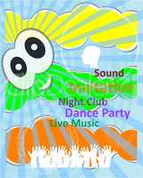 Vertical music party background with colorful graphic elements and text.