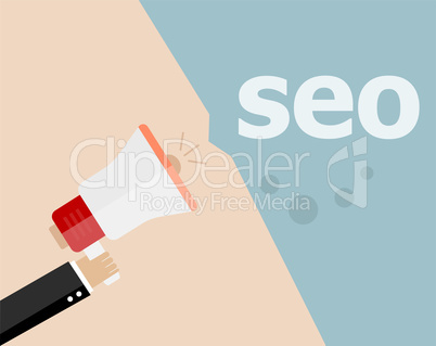 flat design business illustration concept. seo digital marketing business man holding megaphone for website and promotion banners.