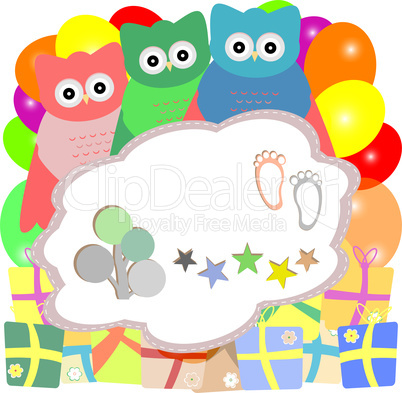 cute owl holiday card with gift boxes - baby boy arrival announcement