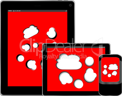 Blank mobile smart phone and digital tablet pc with cloud on the screen